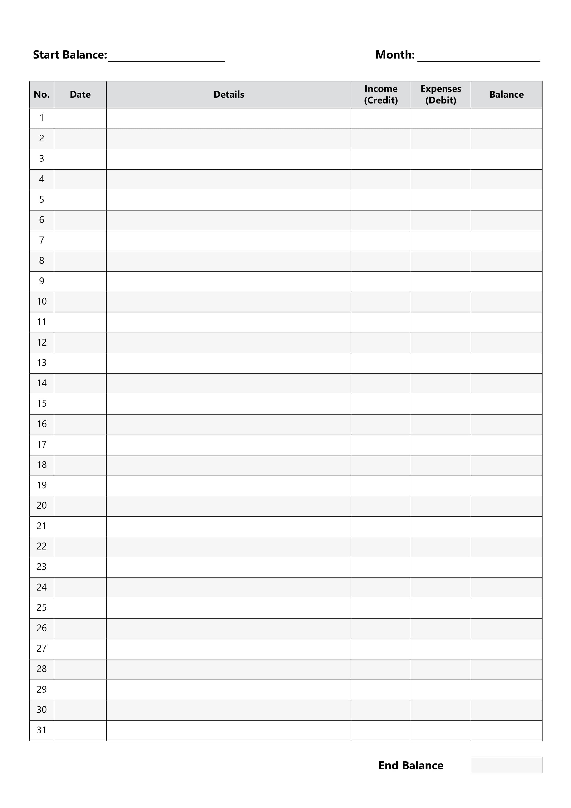 Printable Monthly Accounting Ledger with Start & End Balance