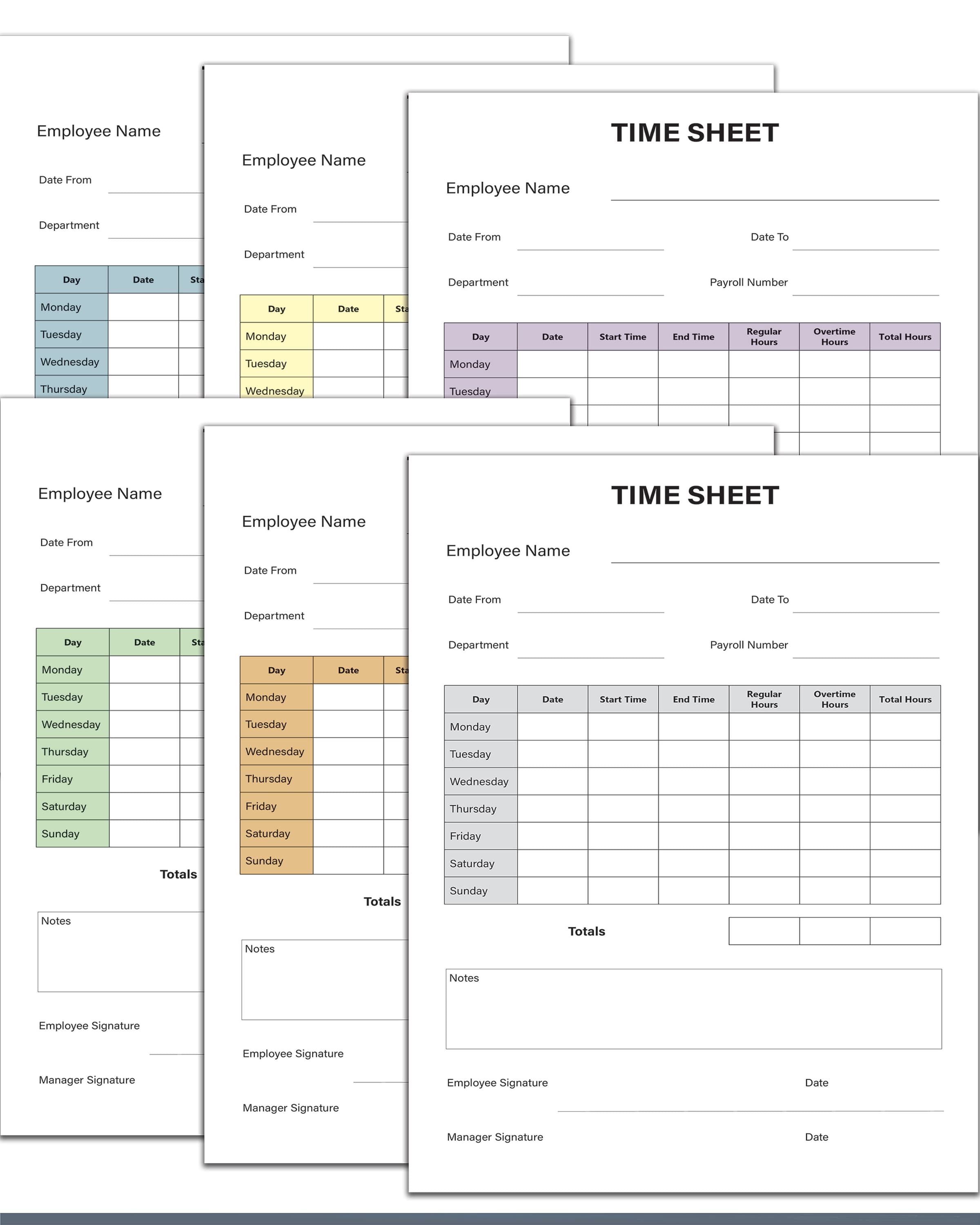 Printable Weekly Contractor Time Sheet – 6 Colour Set