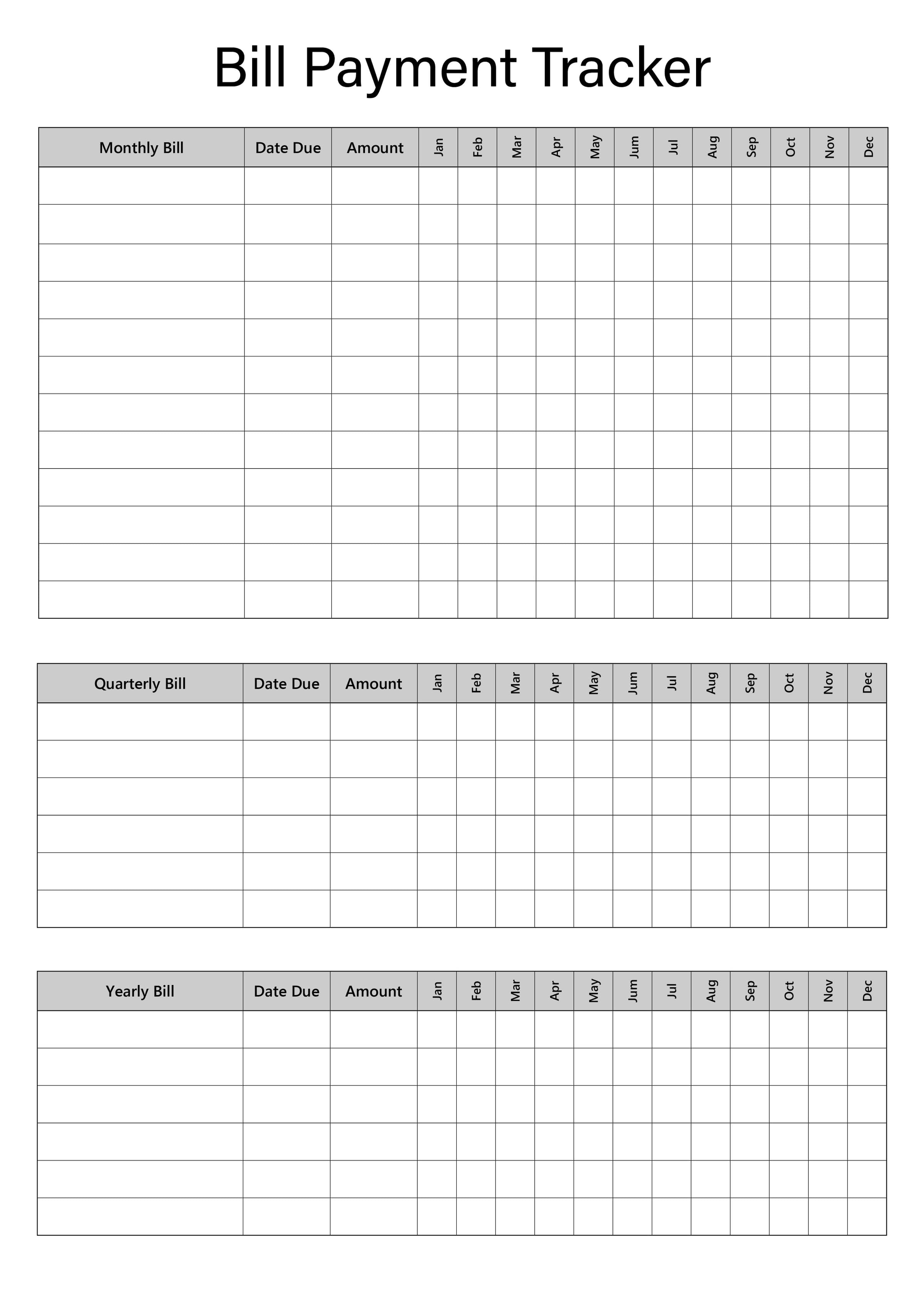 Bill Payment Tracker – Yearly, Monthly & Quarterly
