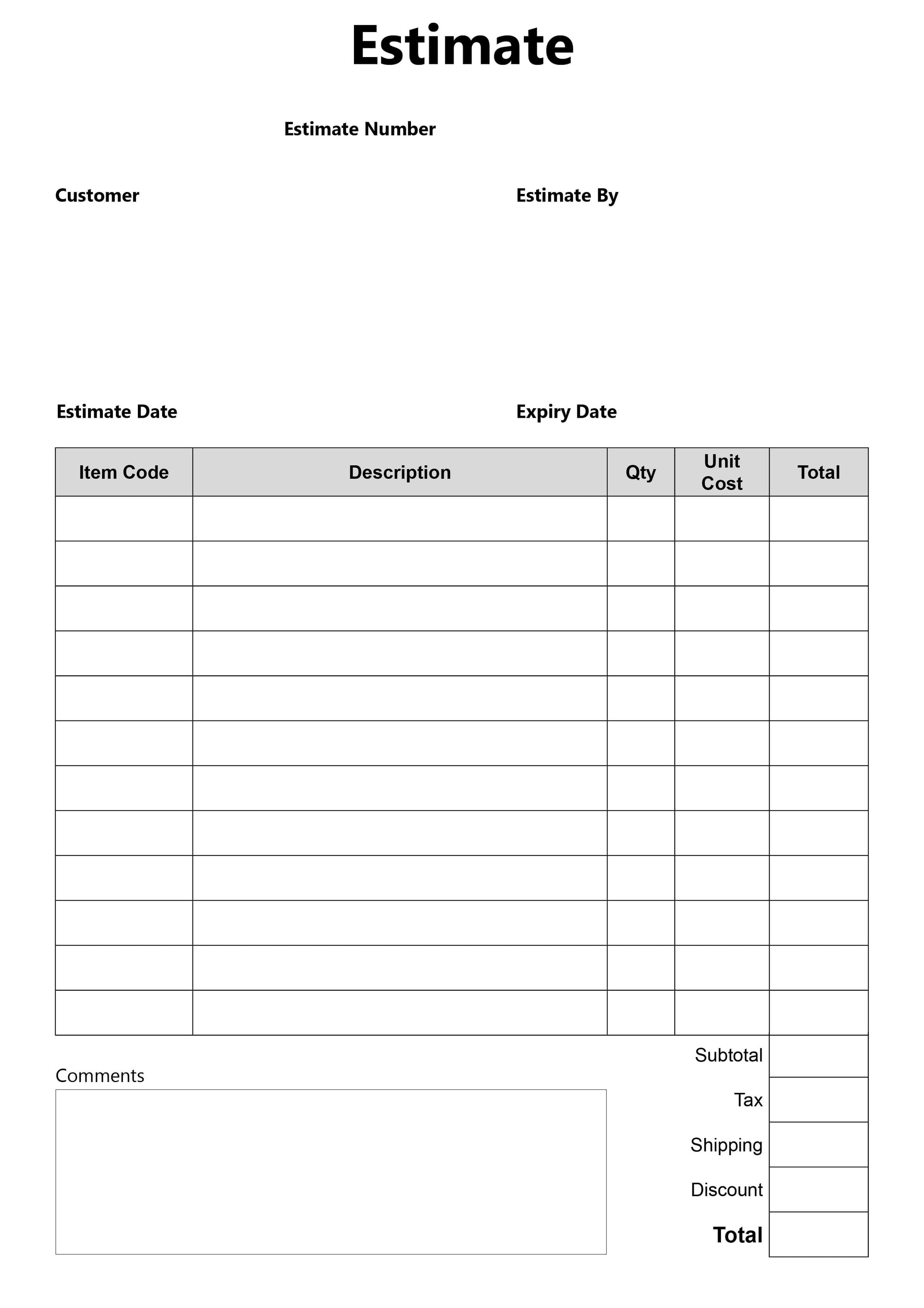 Fillable Estimate & Quote Template – Printable Simple PDF Form