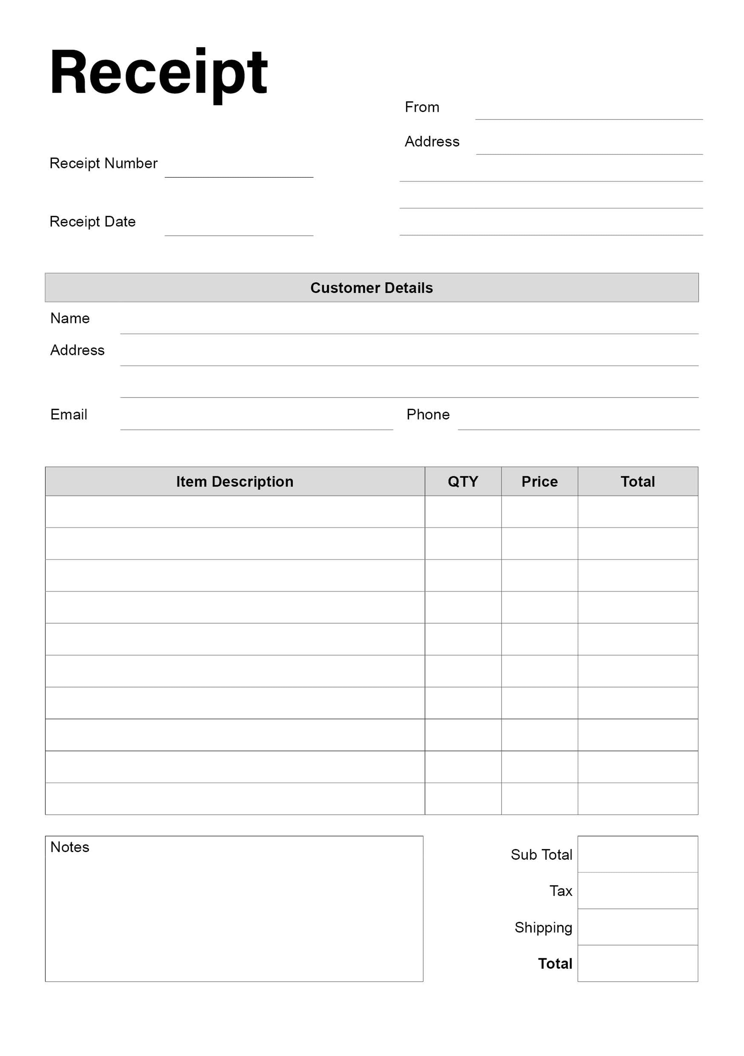 Printable Receipt Template – A5 & Half Letter Customer Receipt