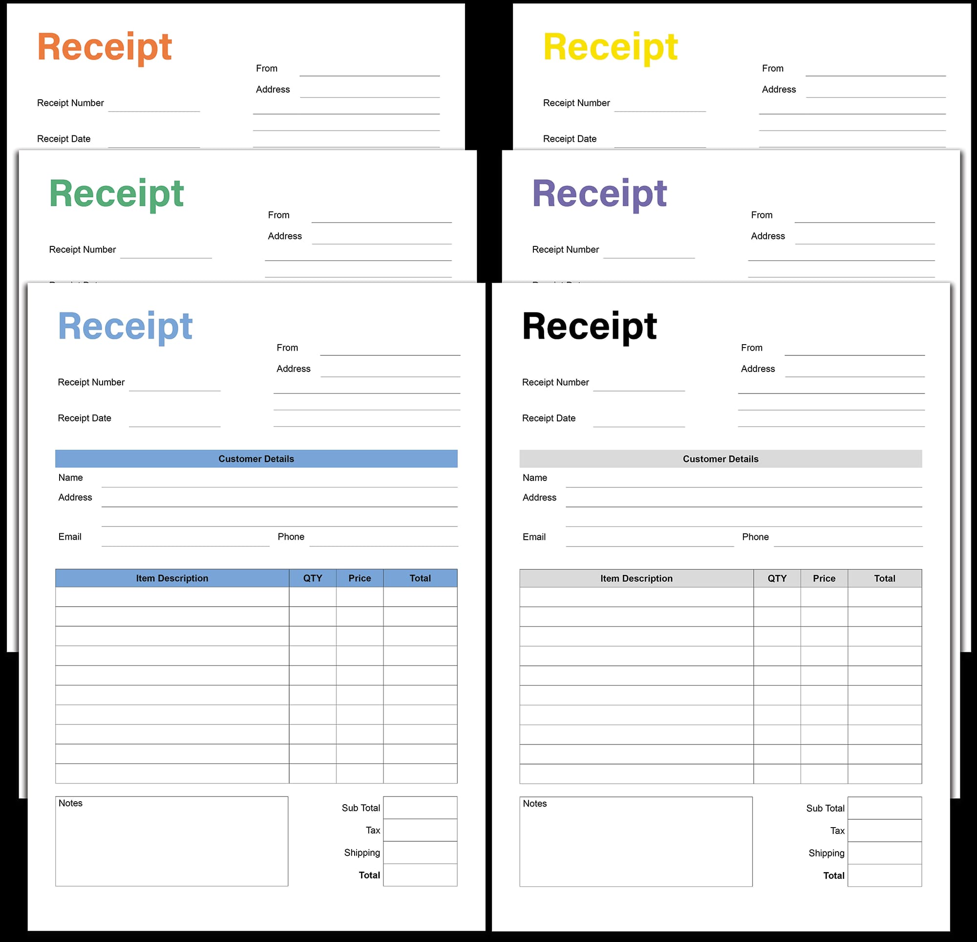 Printable Receipt Template Pack – 6 Colour Customer Receipts