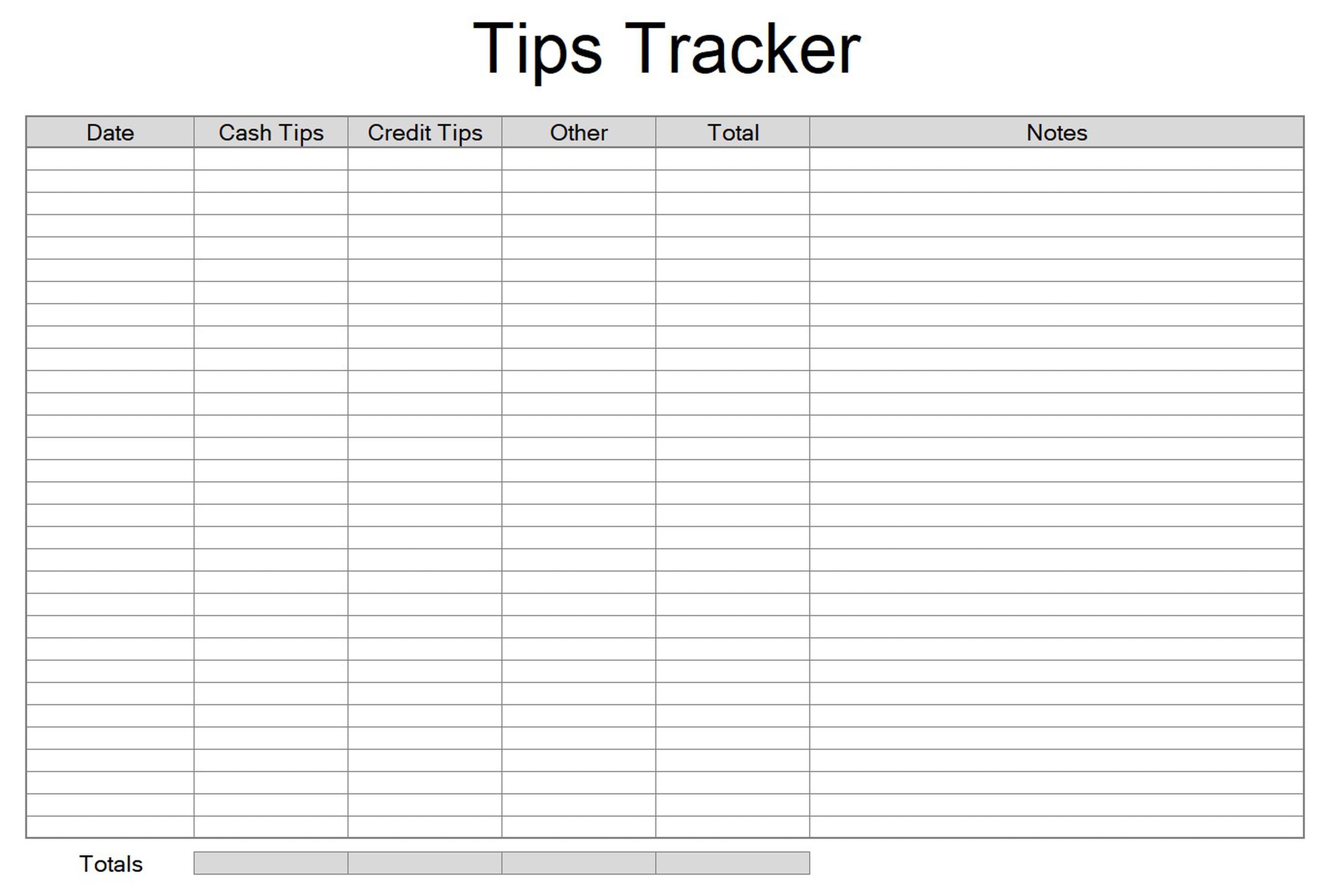 Server Tips Tracker – Excel Spreadsheet with Totals (Printable)