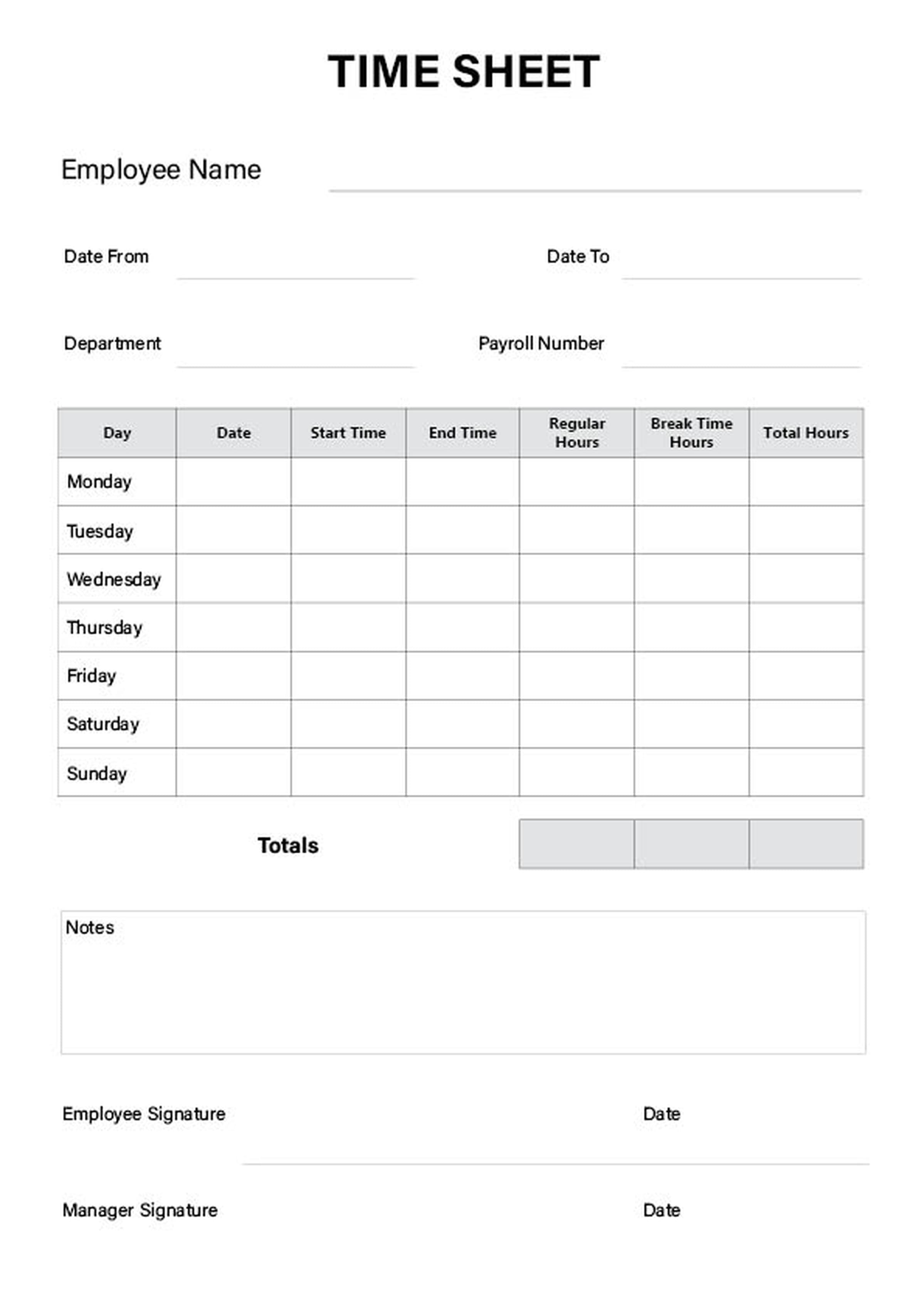 Weekly Employee Time Sheet with Break Hours – Printable