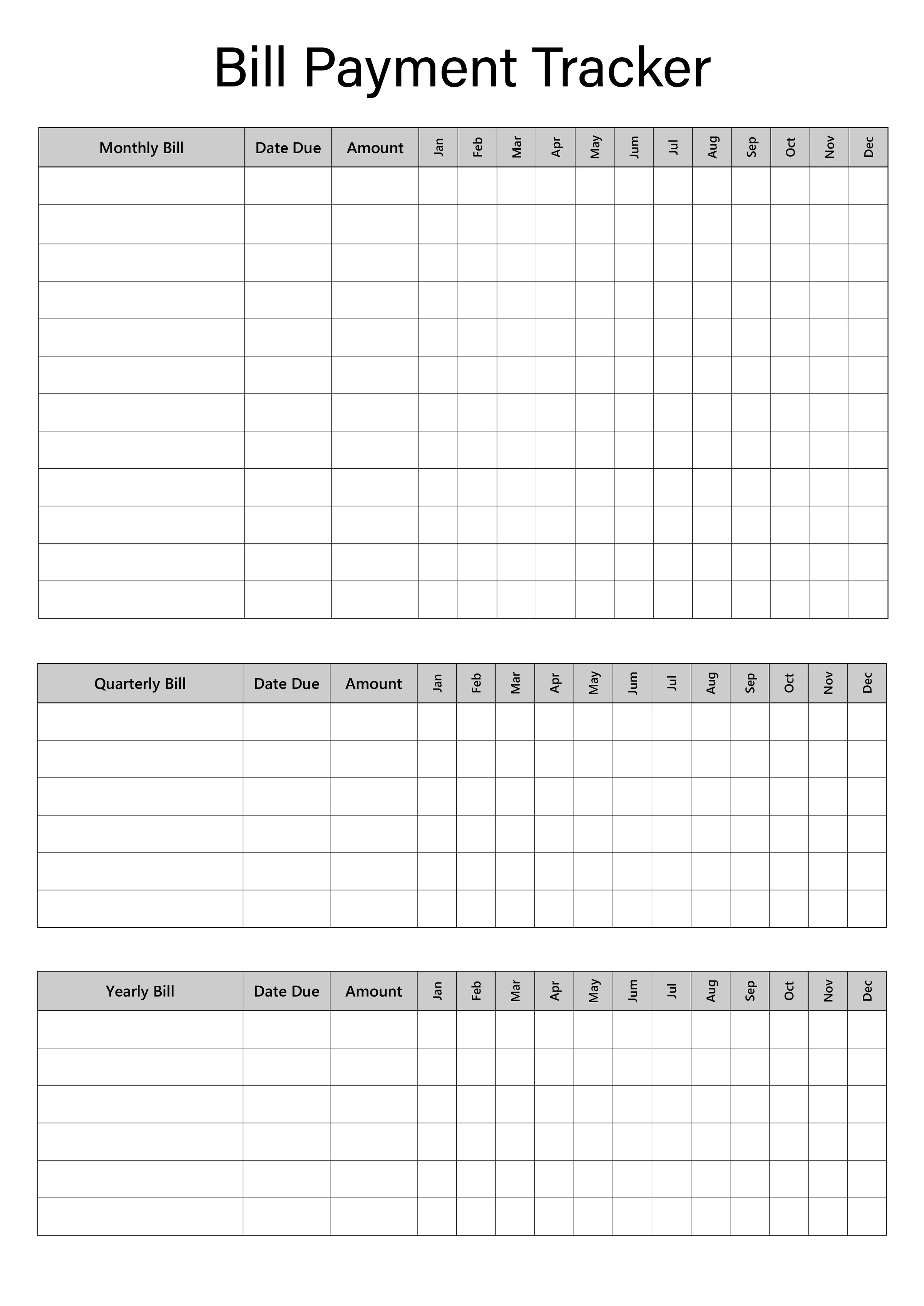 Editable Bill Payment Tracker – Yearly, Monthly & Quarterly