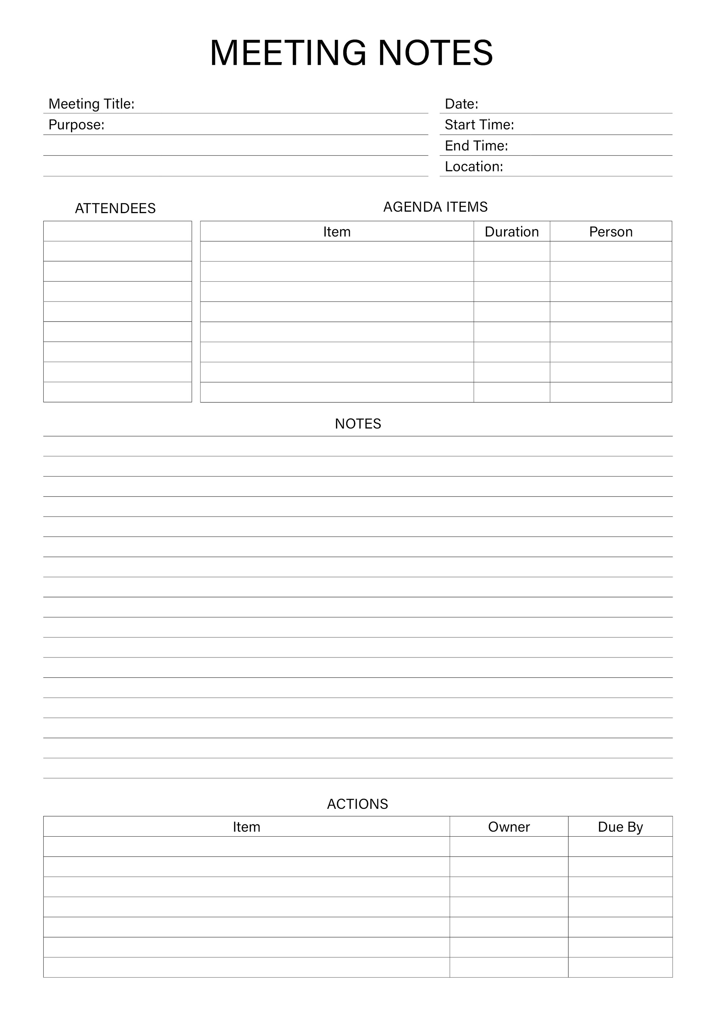 Printable Meeting Notes Template – Simple Agenda & Minutes Form