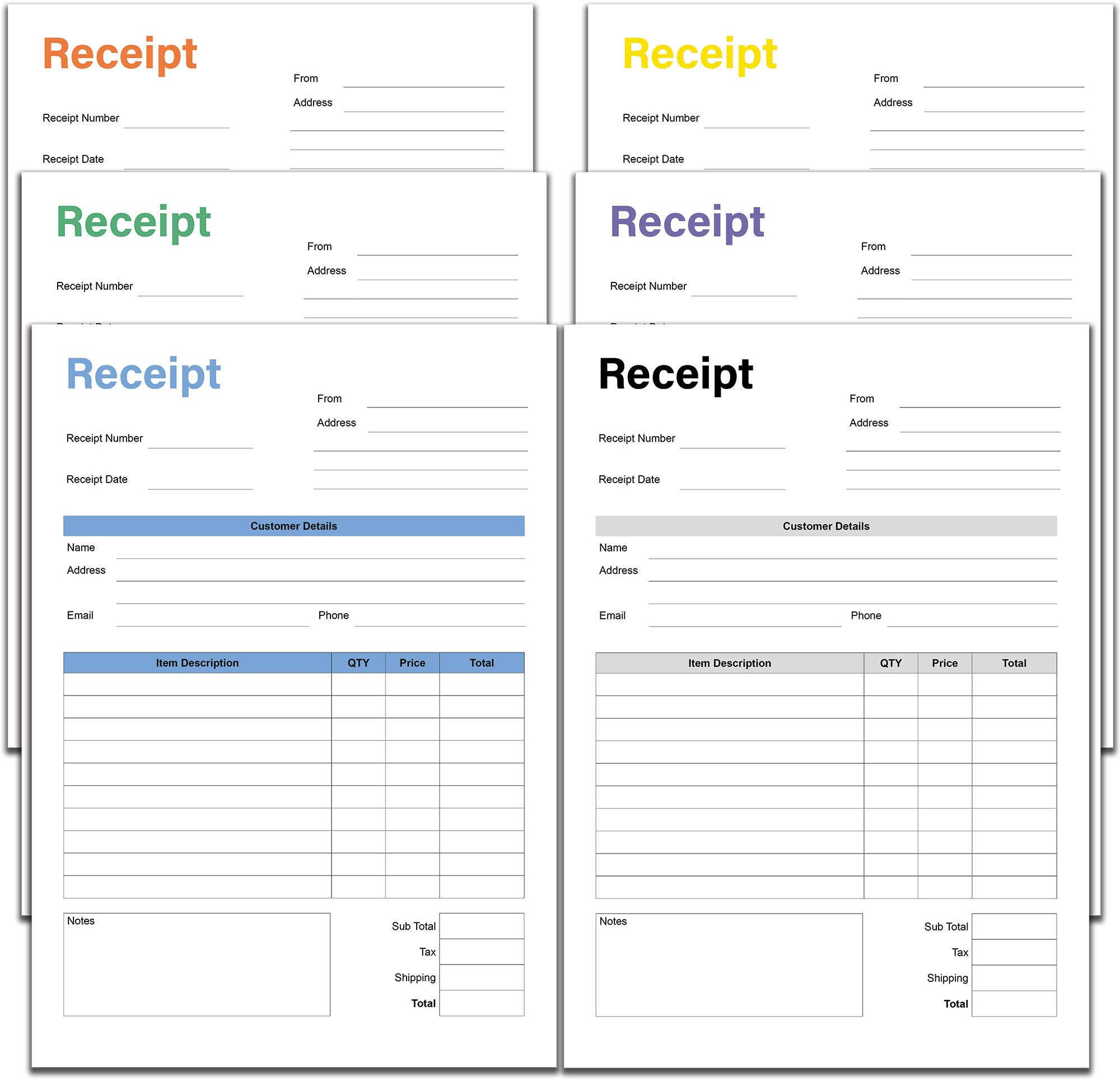 Printable Receipt Template Pack – 6 Colour Customer Receipts