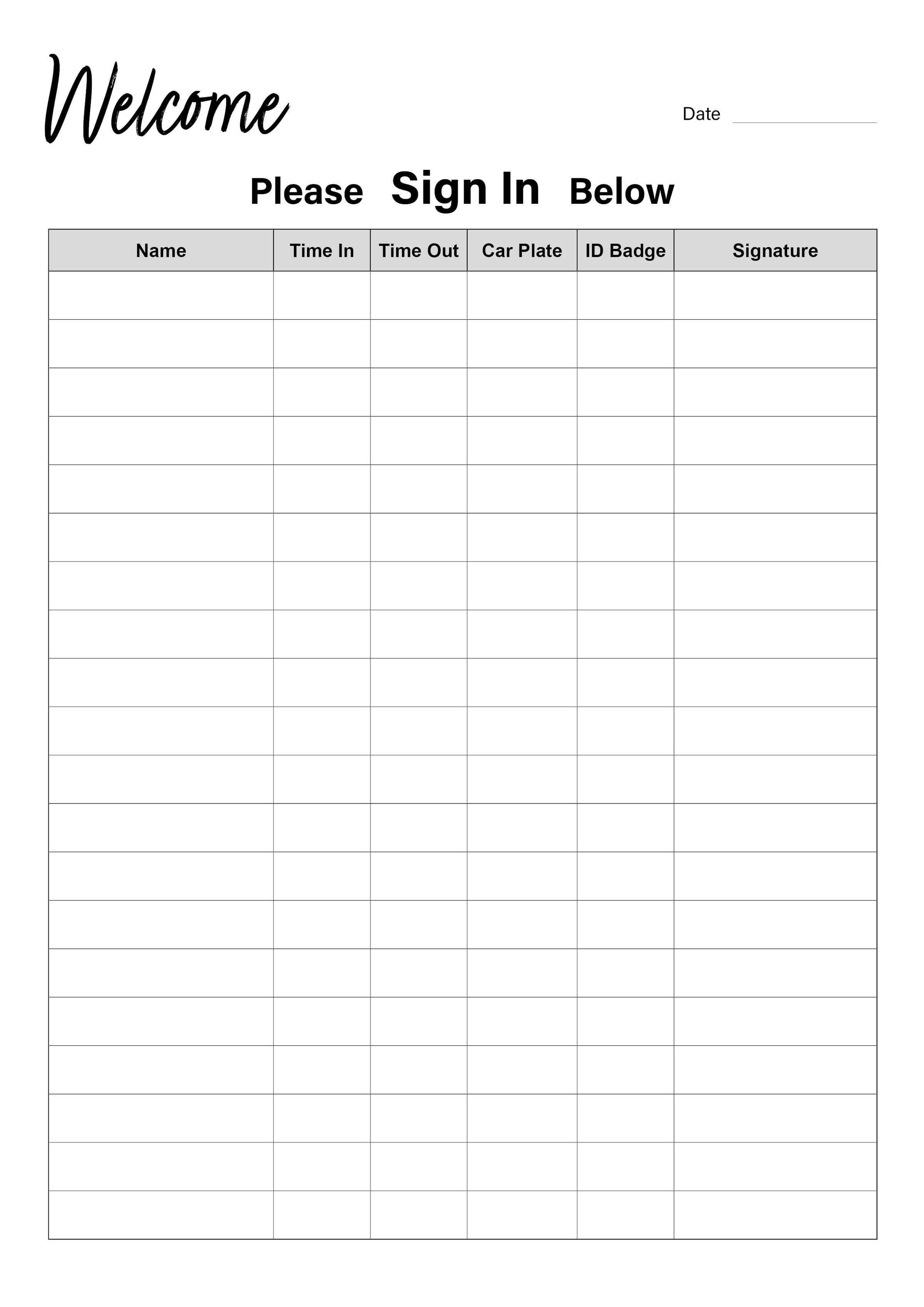 Printable Welcome Sign-In Sheet – Reception Check In/Out Log