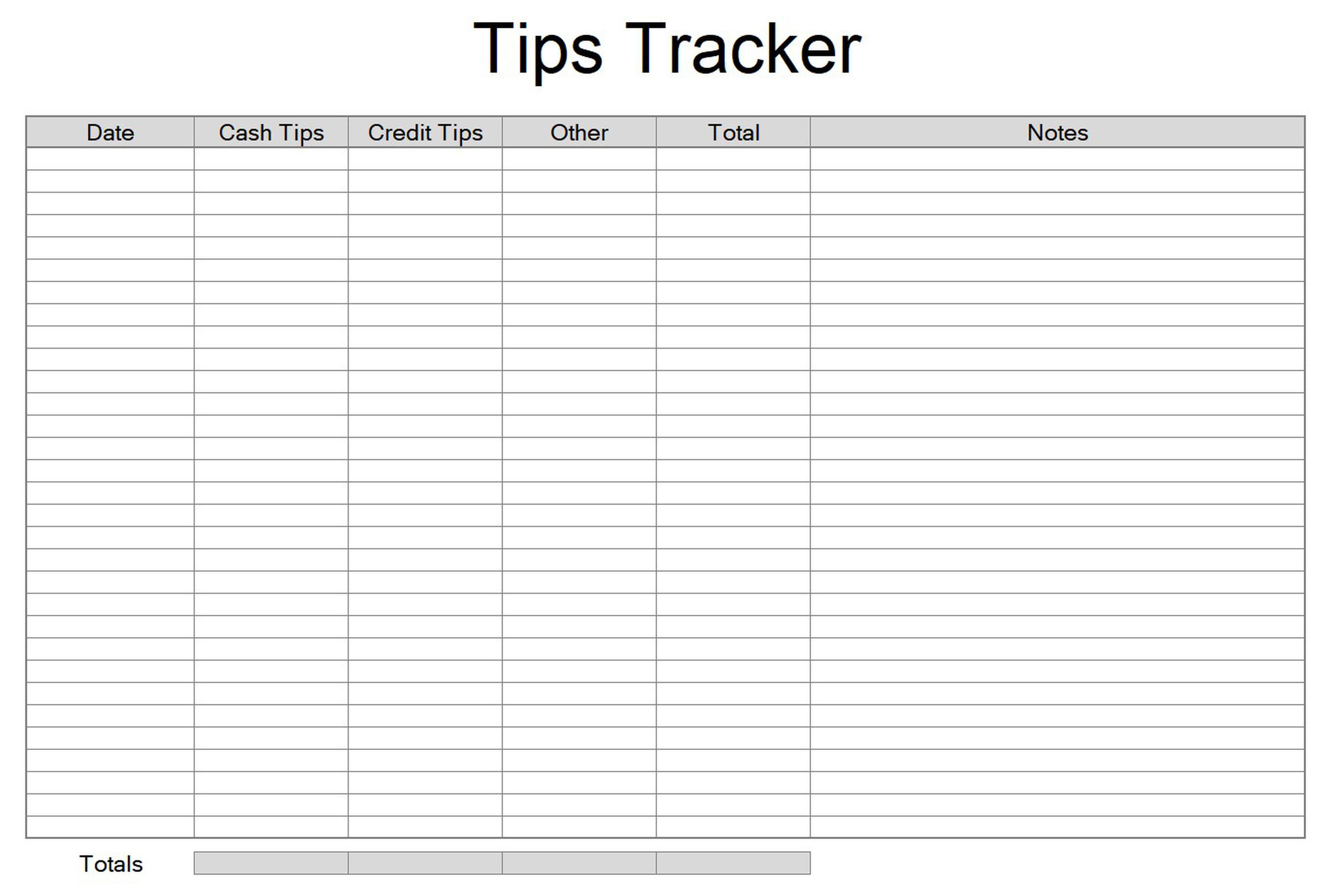 Server Tips Tracker – Excel Spreadsheet with Totals (Printable)